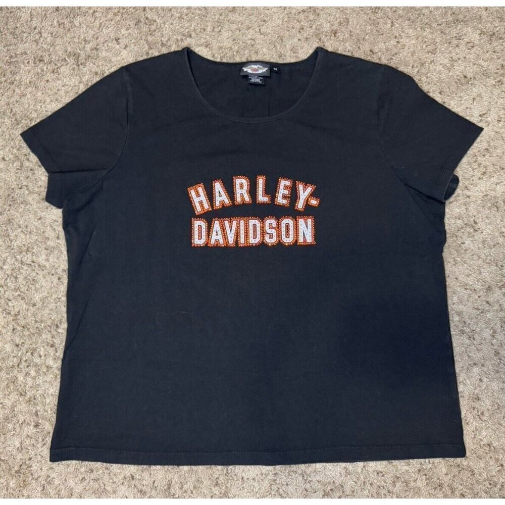 HARLEY DAVIDSON Black Womens T Shirt Black Orange Studded Bling LogoTee 20W
